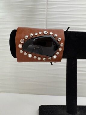 Brown Leather Cuff Bracelet with Black Stone Accent